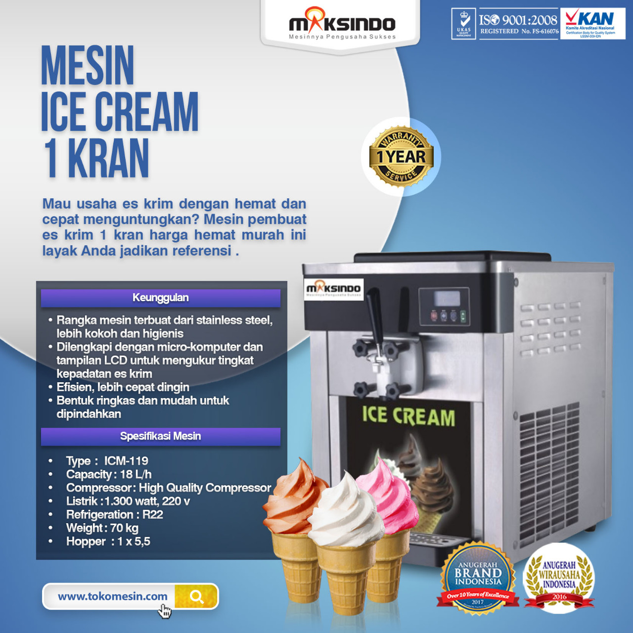 Jual Mesin Es Krim 1 Kran ICM-119 di Tangerang
