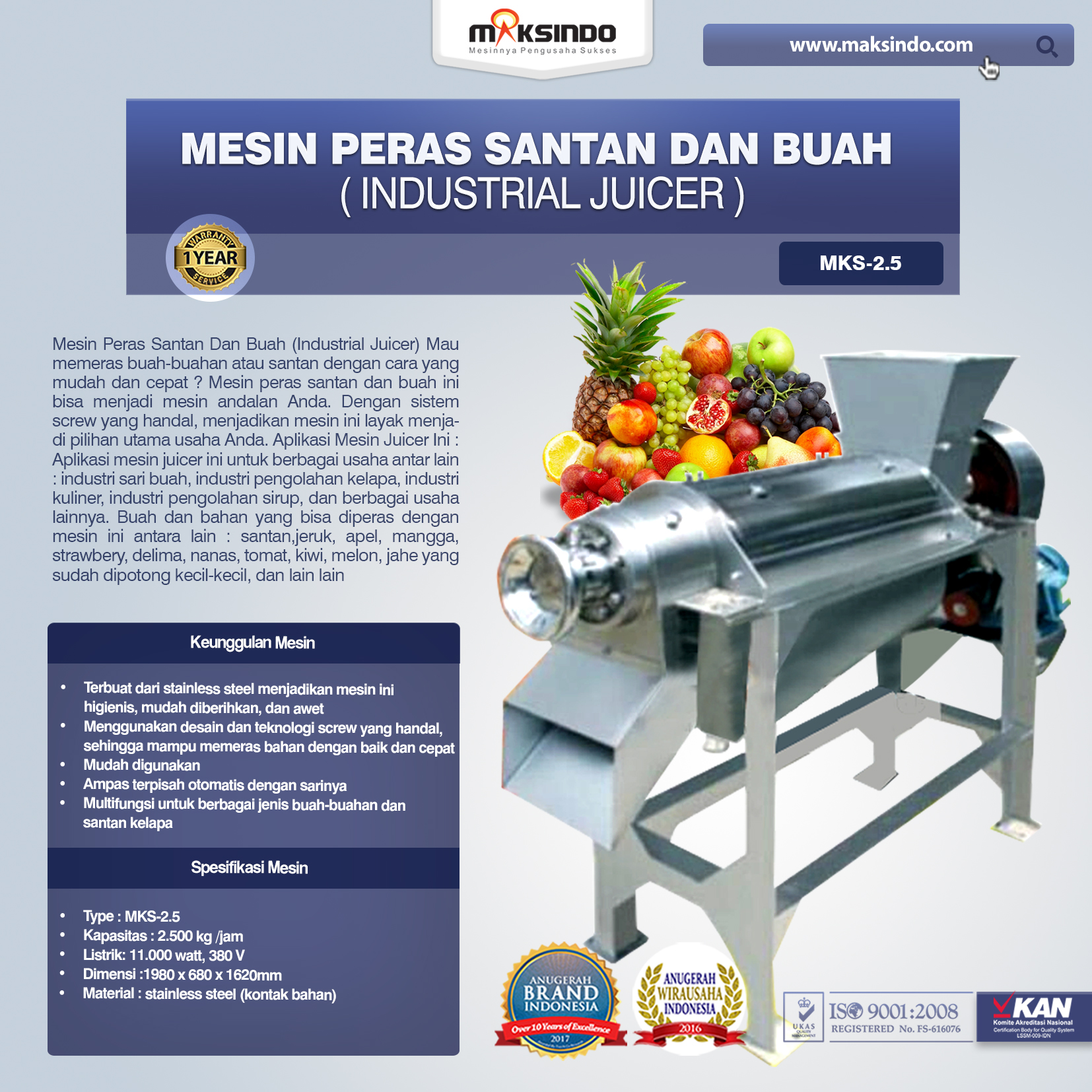 Mesin Peras Santan Dan Buah (Industrial Juicer) Type MKS-2.5