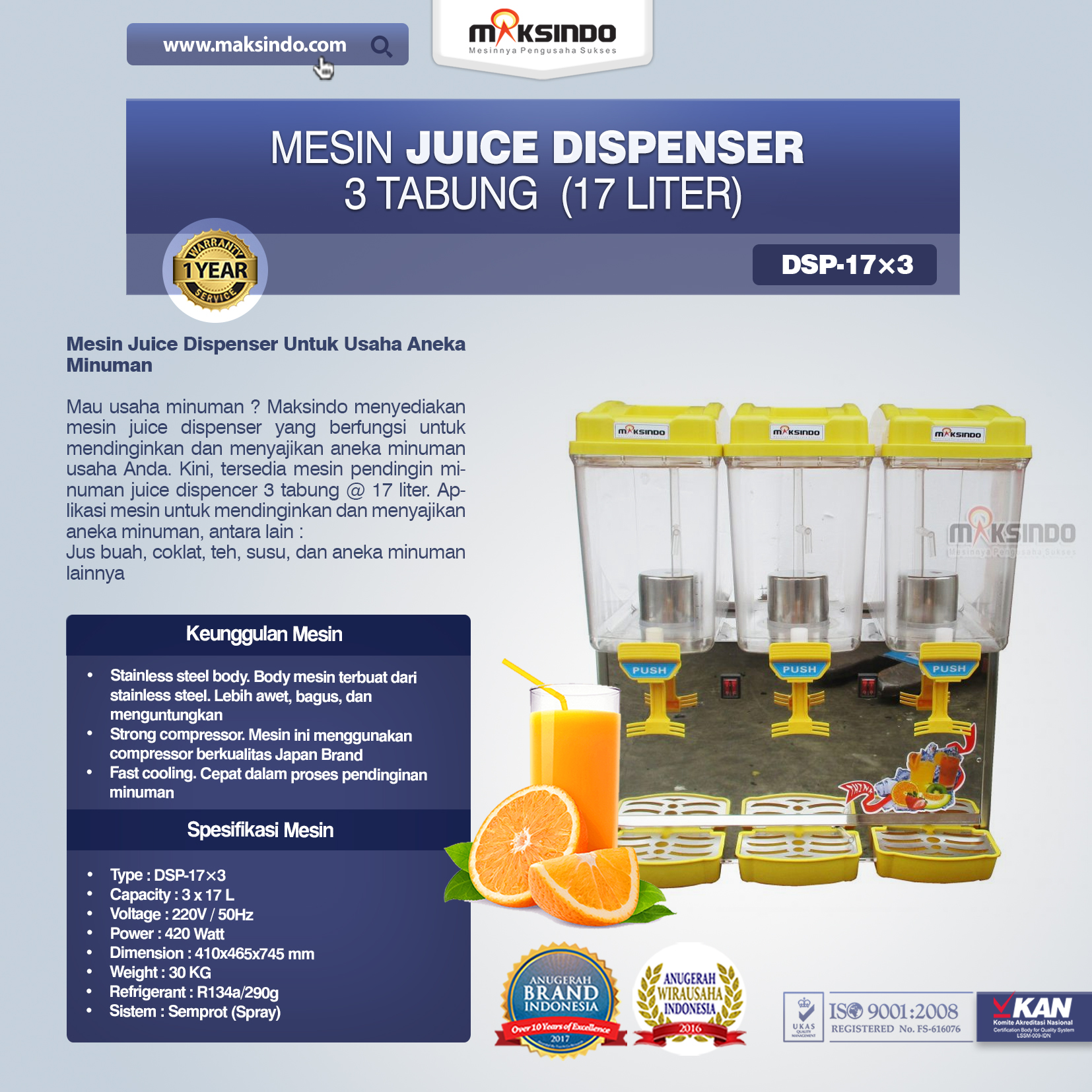 Mesin Juice Dispenser 3 Tabung 17 Liter DSP17x3
