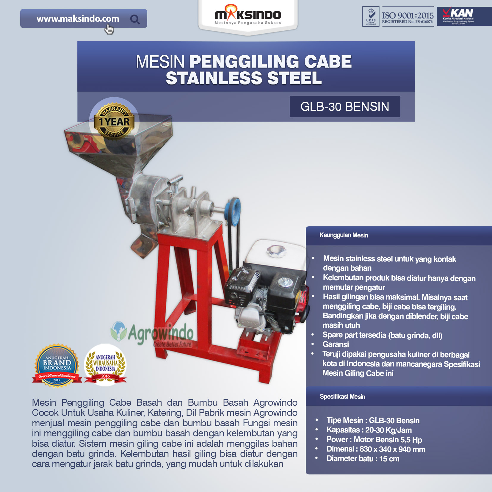 Mesin Penggiling Cabe Stainless Steel GLB-30 Bensin