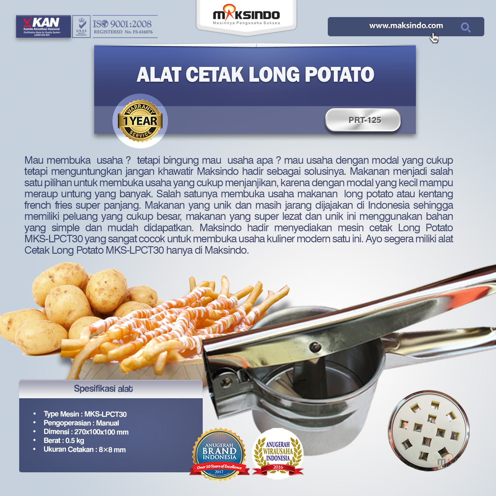 Jual Alat Cetak Long Potato MKS-LPCT30 di Tangerang