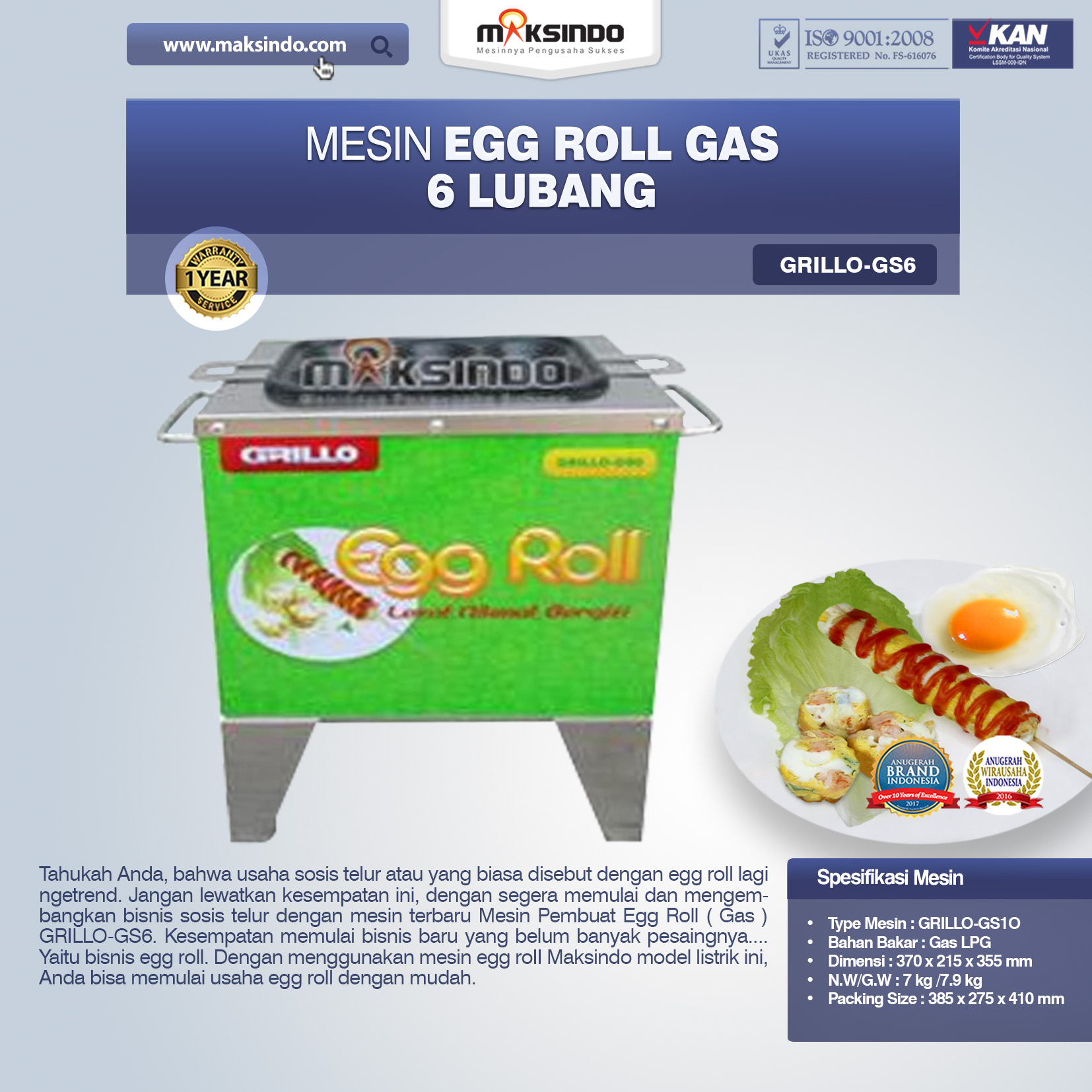 Jaul Mesin Egg Roll Gas 6 Lubang GRILLO-GS6 di Tangerang