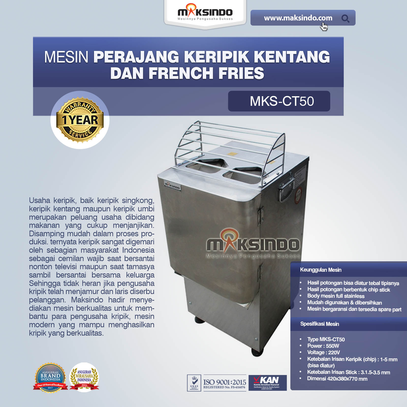 Jual Mesin Perajang Keripik Kentang dan French Fries MKS-CT50 di Tangerang