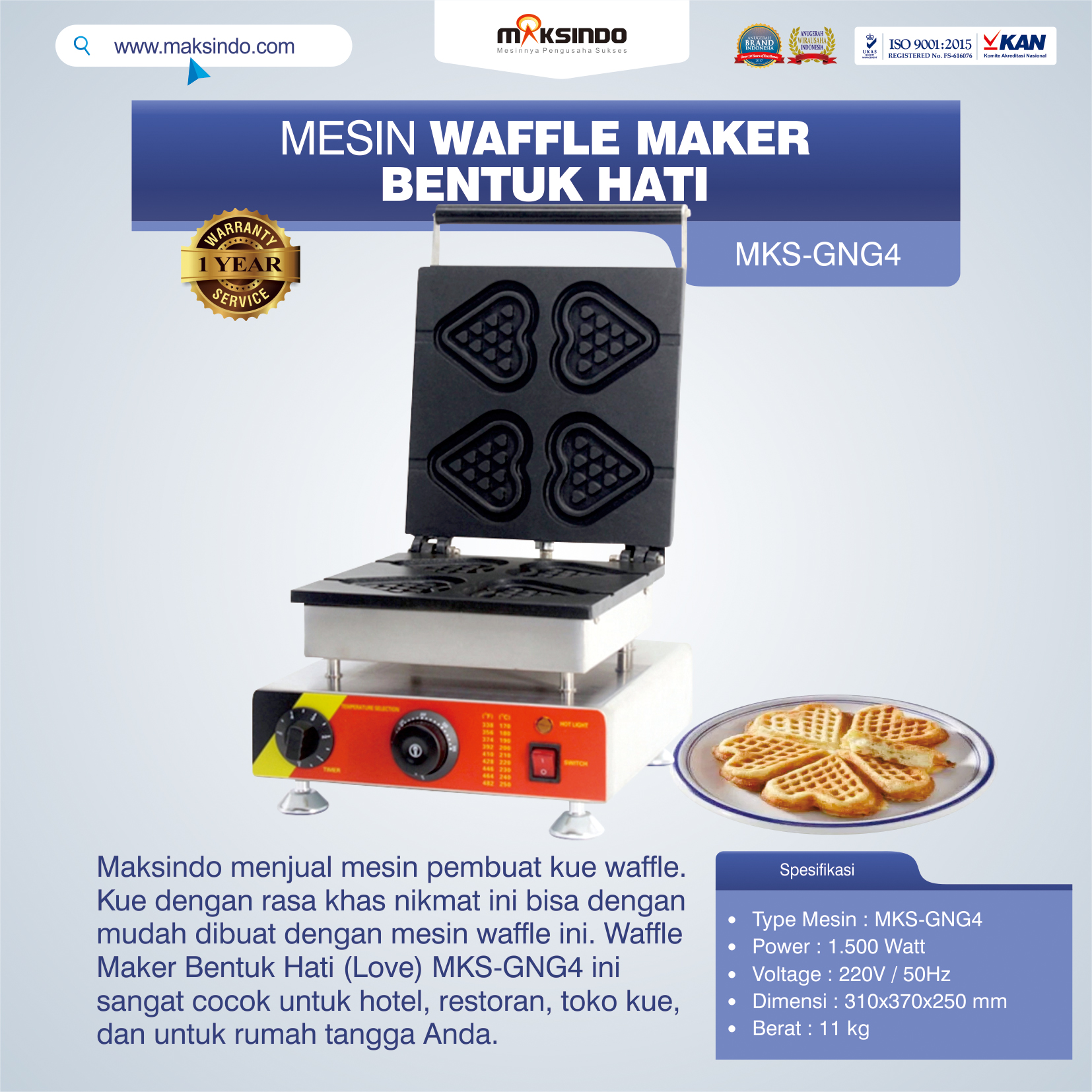Jual Mesin Waffle Maker Bentuk Hati (Love) MKS-GNG4 di Tangerang