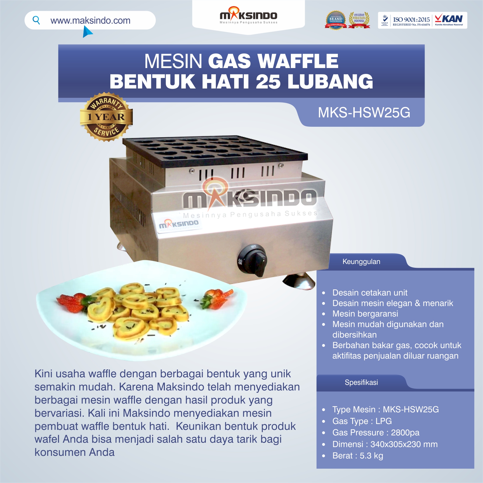 Jual Gas Waffle Bentuk Hati 25 Lubang MKS-HSW25G di Tangerang