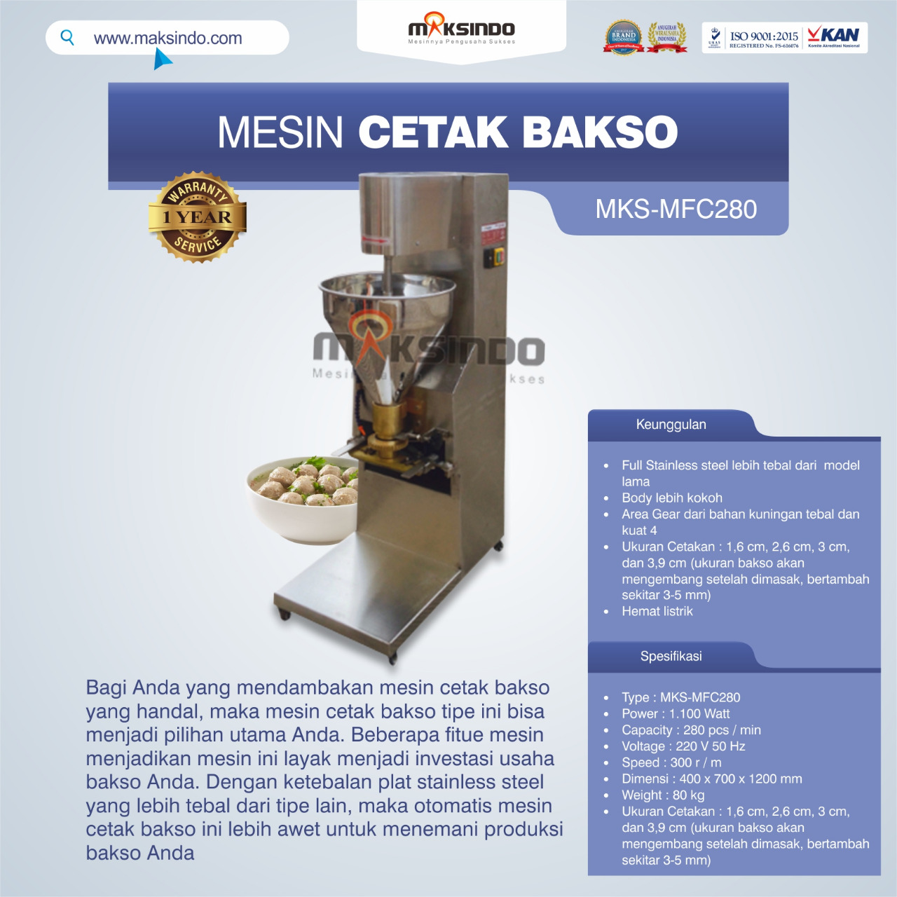 Jual Mesin Cetak Bakso MKS-MFC280 di Tangerang