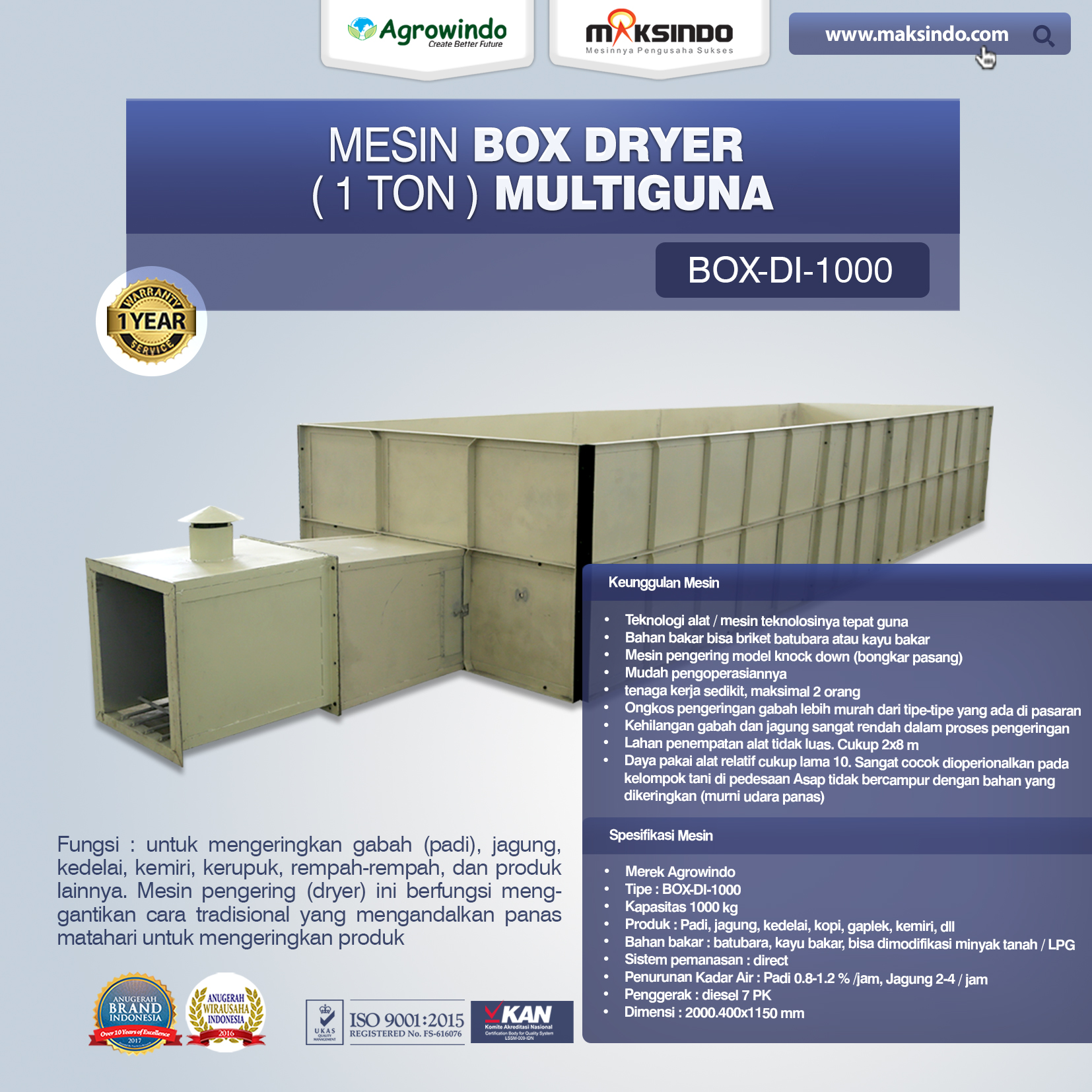 Mesin Box Dryer Direct 1 ton BOX-DI-1000