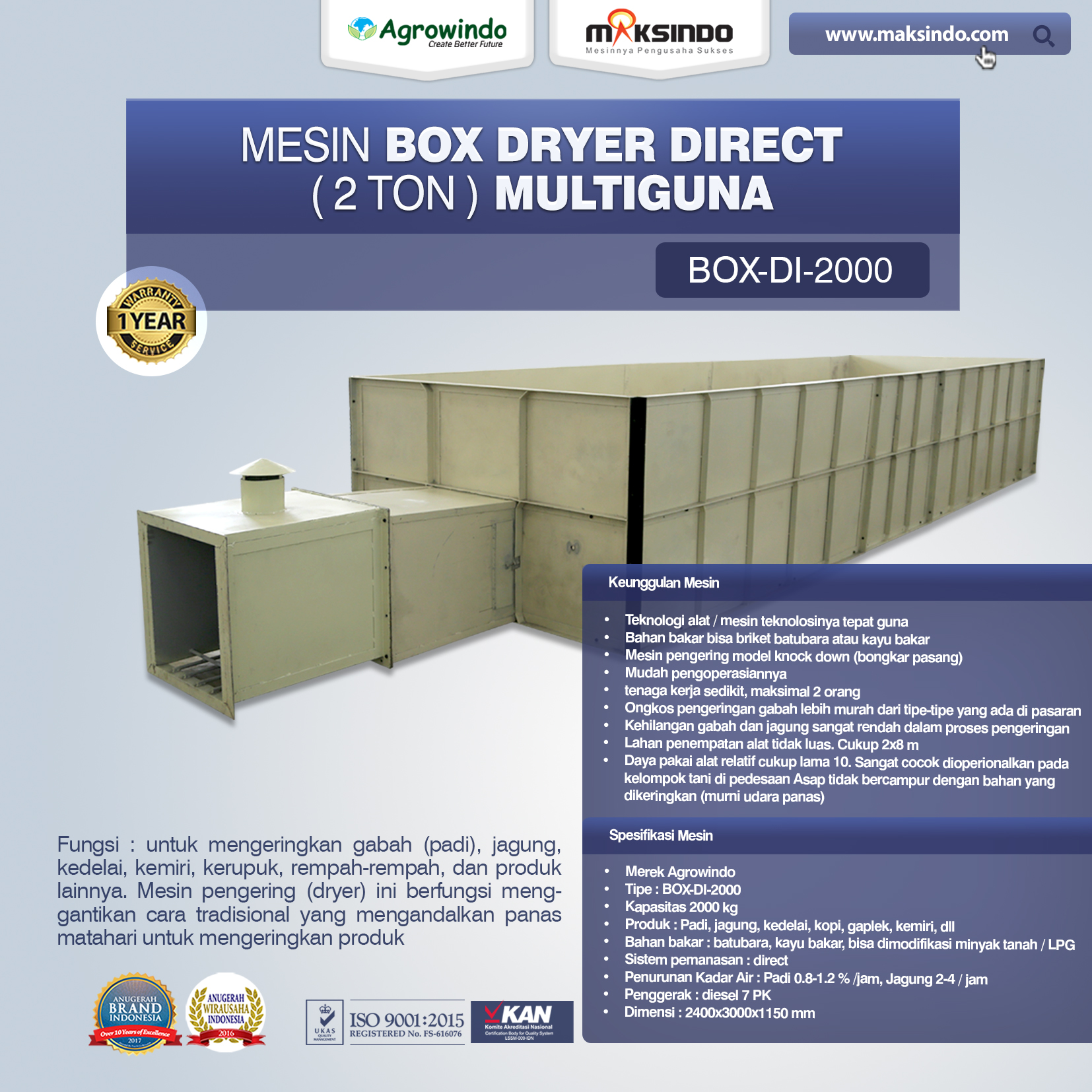 Mesin Box Dryer Direct 2 Ton BOX-DI-2000