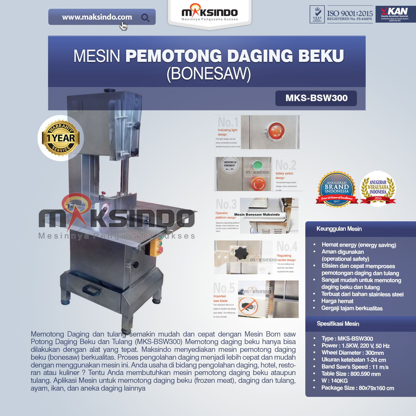 Jual Mesin Mesin Bonesaw Potong Daging Beku dan Tulang (MKS-BSW300) di Tangerang