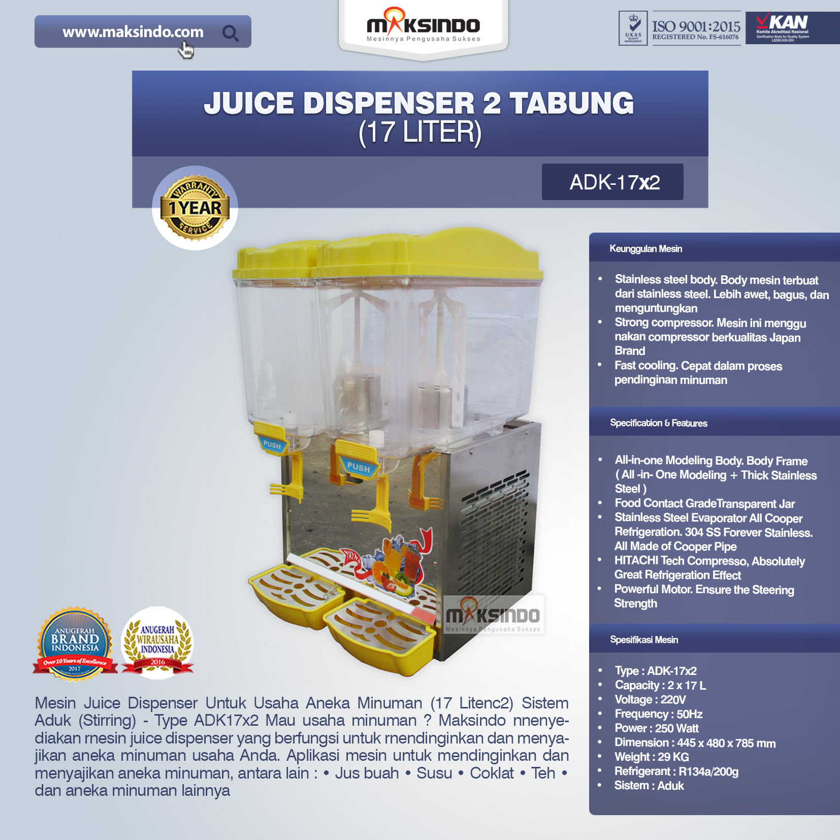 Juice Dispenser 2 Tabung 17 Liter - ADK17x2