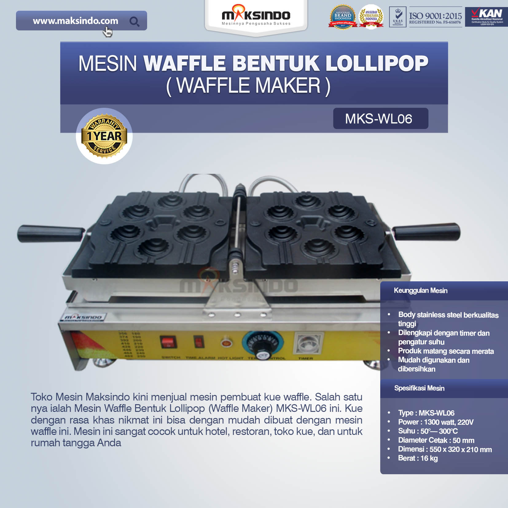 Jual Mesin Waffle Bentuk Lollipop (Waffle Maker) MKS-WL06 di Tangerang
