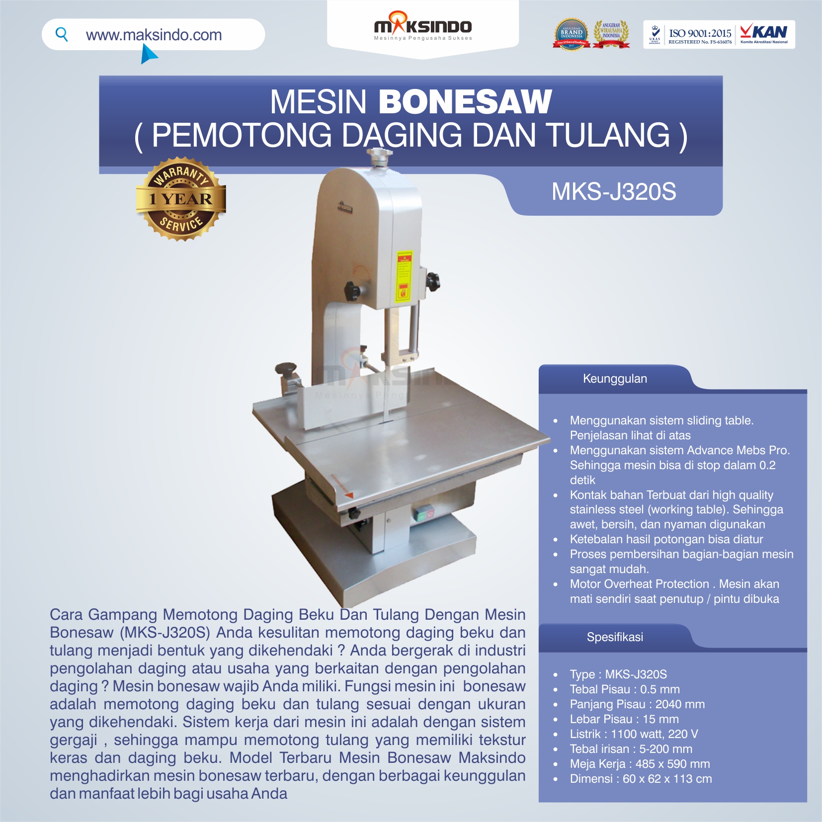 Jual Mesin Bonesaw MKS-J320S (pemotong daging dan tulang) di Tangerang