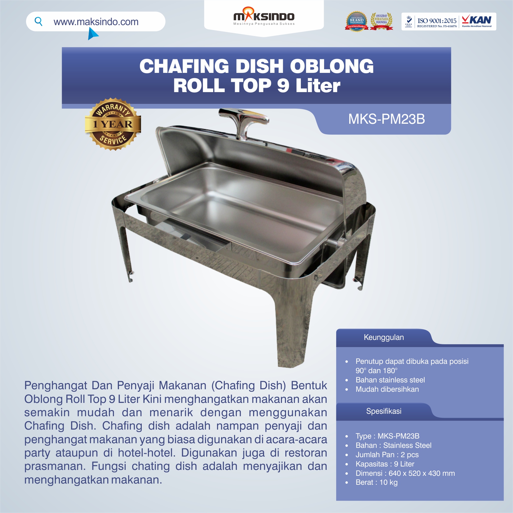 Jual Chafing Dish Oblong Roll Top – 9 Liter di Tangerang