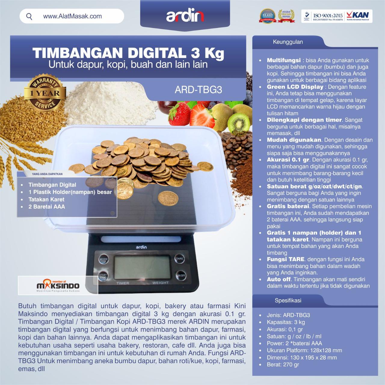 Jual Timbangan Digital 3 kg / Timbangan Kopi ARD-TBG3 di Tangerang