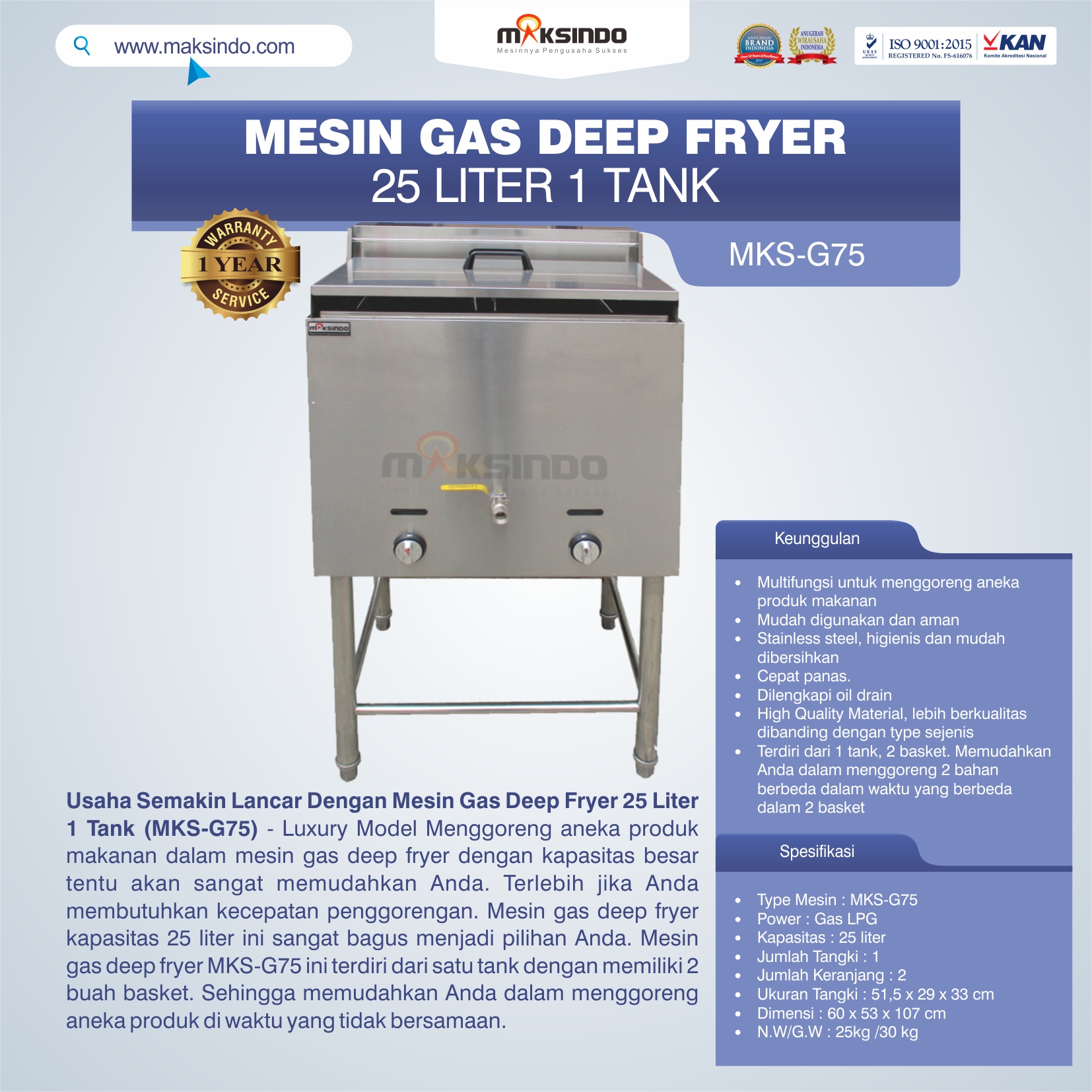 Jual Gas Deep Fryer 25 Liter 1 Tank (G75) di Tangerang