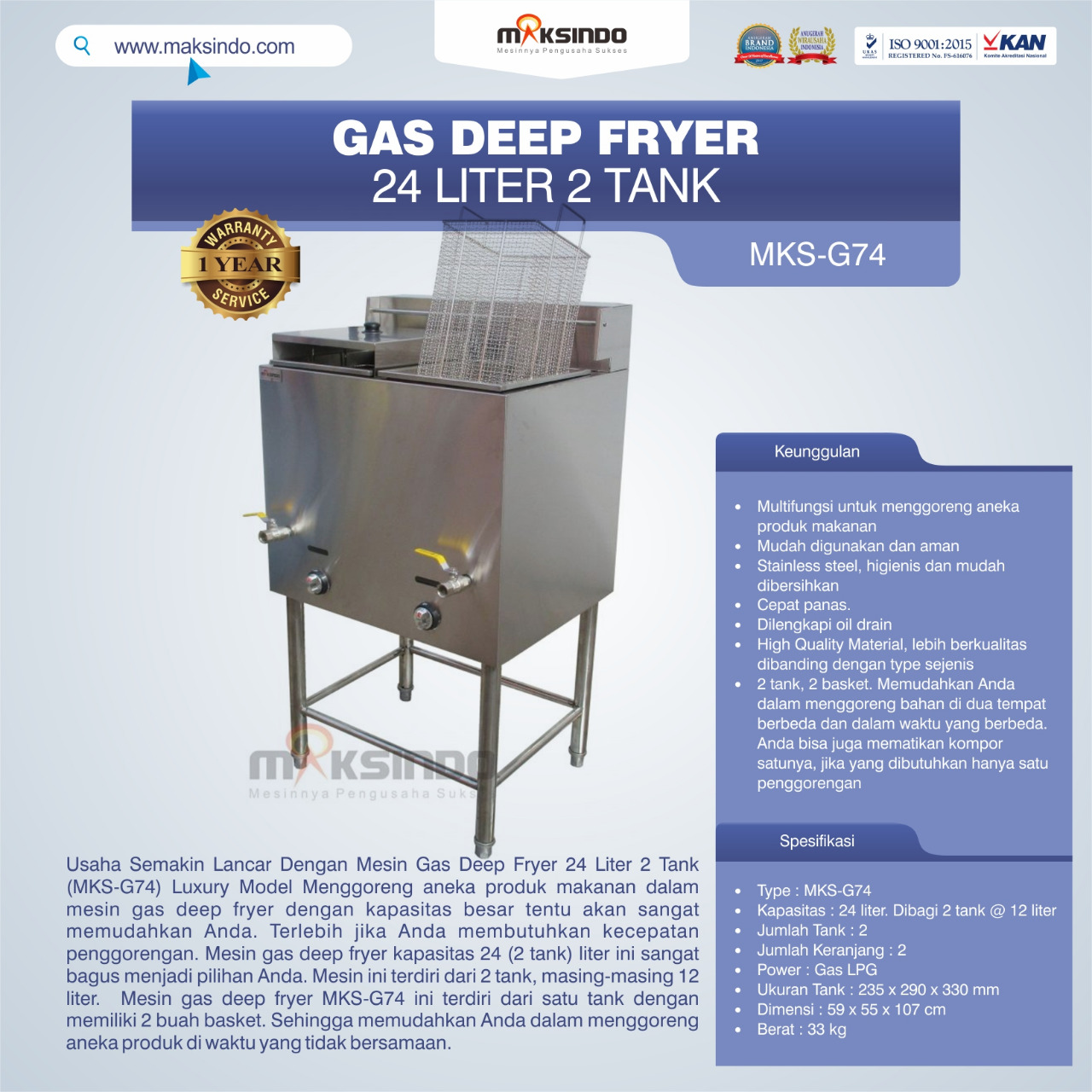 Jual Gas Deep Fryer 24 Liter 2 Tank (G74) di Tangerang