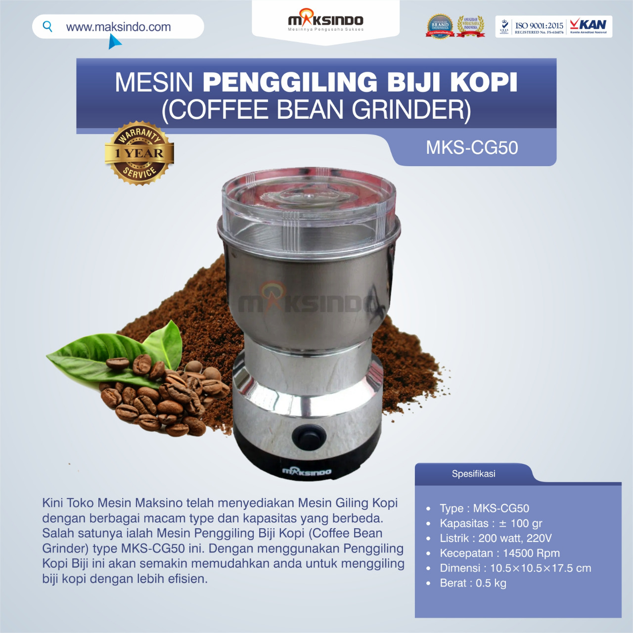Jual Penggiling Biji Kopi (Coffee Bean Grinder) MKS-CG50 di Tangerang