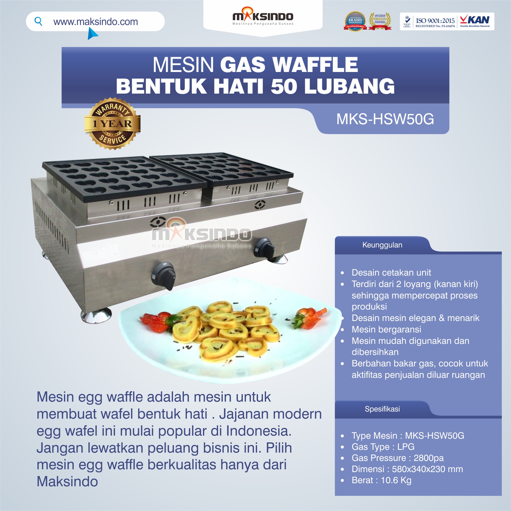 Jual Mesin Waffle Gas Bentuk Hati 50 Lubang MKS-HSW50G di Tangerang