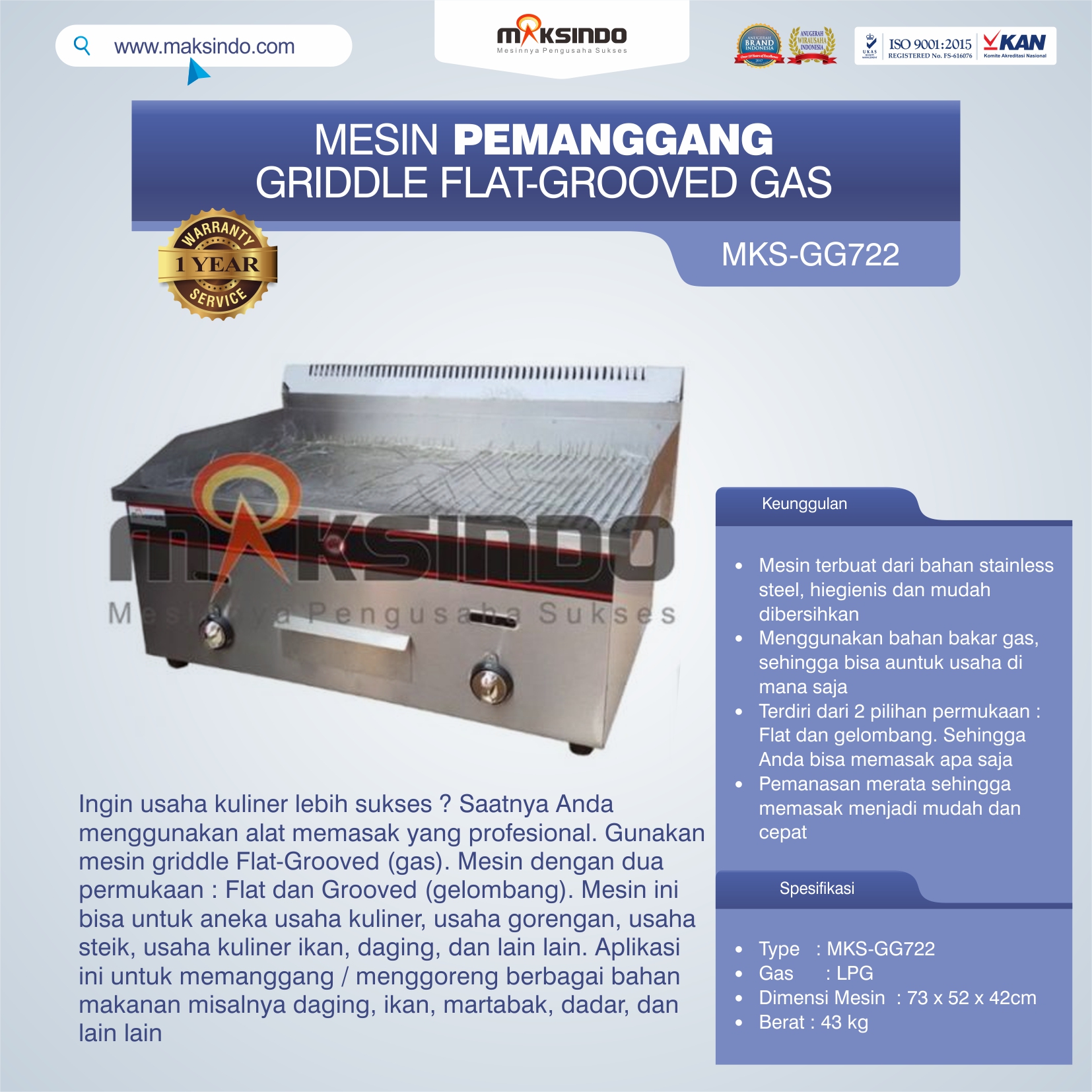 Jual Pemanggang Griddle Flat-Grooved Gas (GG722) di Tangerang