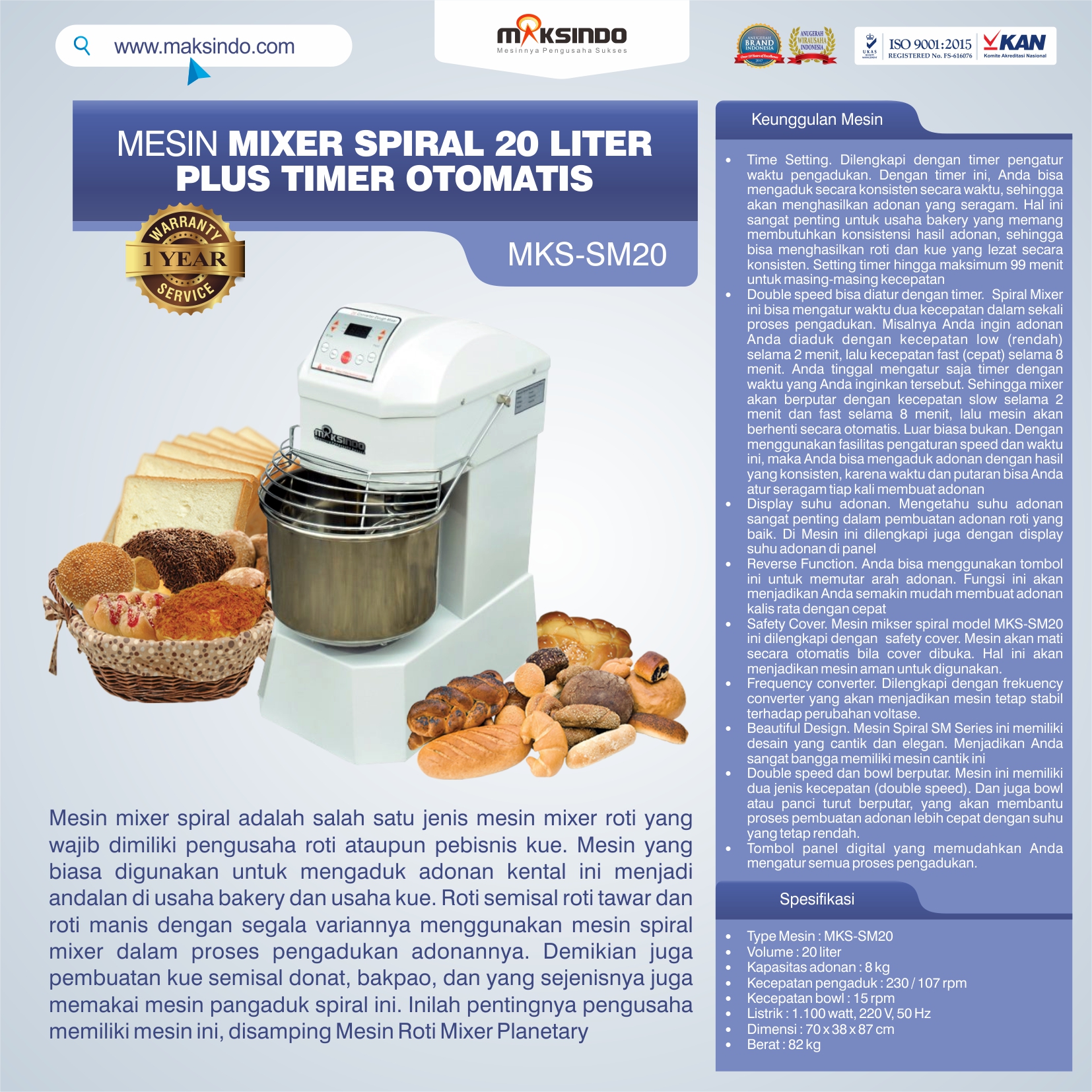 Jual Mesin Mixer Spiral 20 Liter Plus Timer Otomatis MKS-SM20 di Tangerang