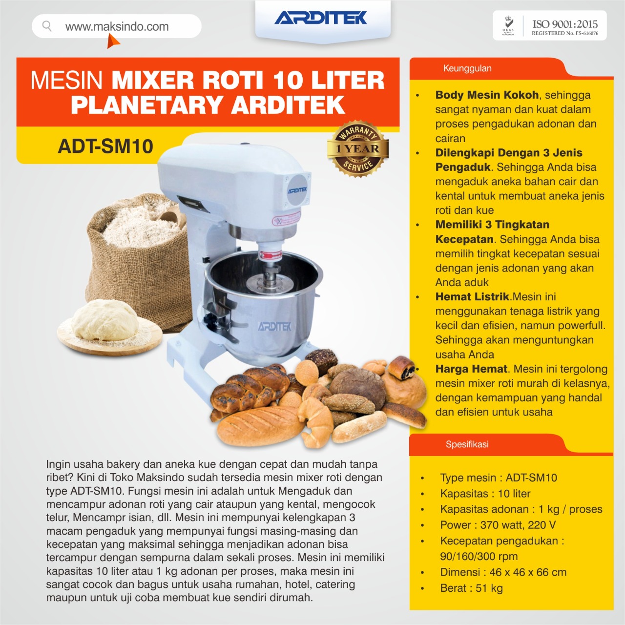Jual Mesin Mixer Roti 10 Liter Planetary Arditek ADT-SM10 di Tangerang