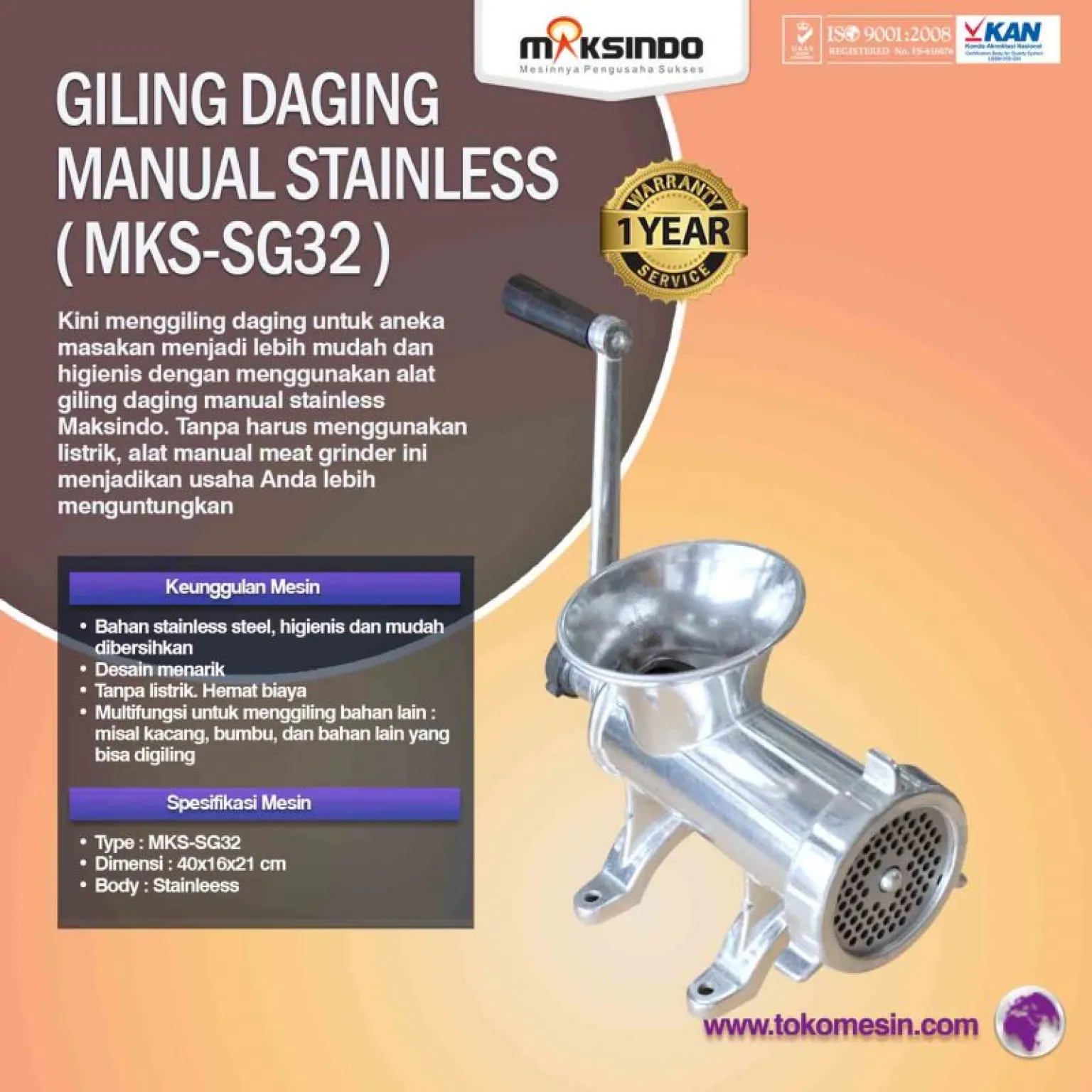 Jual Giling Daging Manual Stainless MKS-SG32 di Tangerang