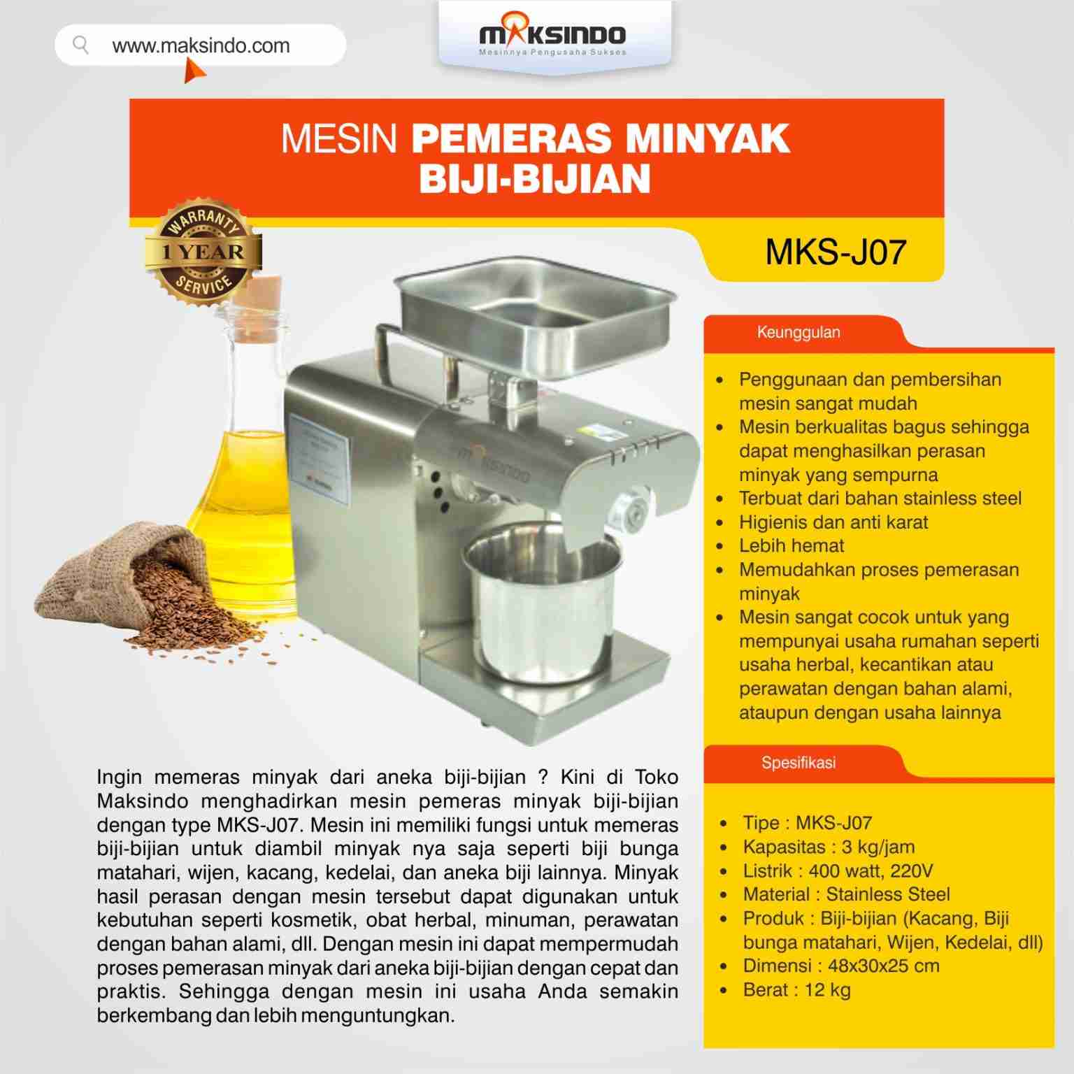 Mesin Pemeras Minyak Biji-Bijian MKS-J07