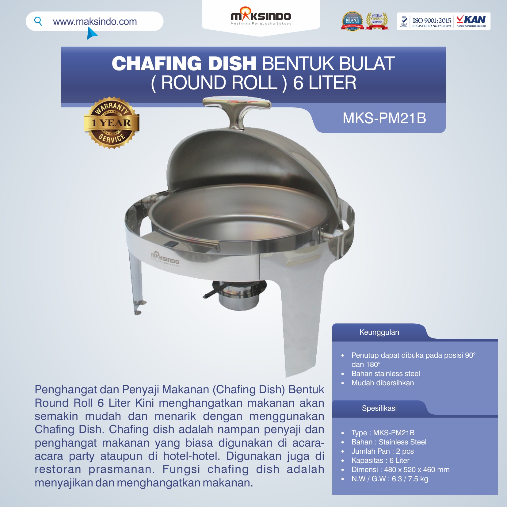 Jual Chafing Dish Bentuk Bulat (Round Roll) 6 Liter di Tangerang