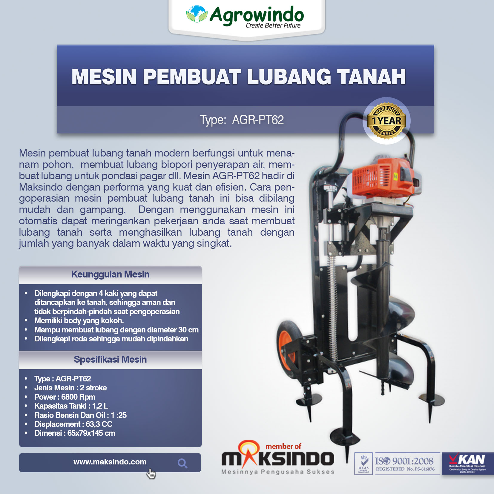 Jual Mesin Pembuat Lubang Tanah AGR-PT62 Di Tangerang