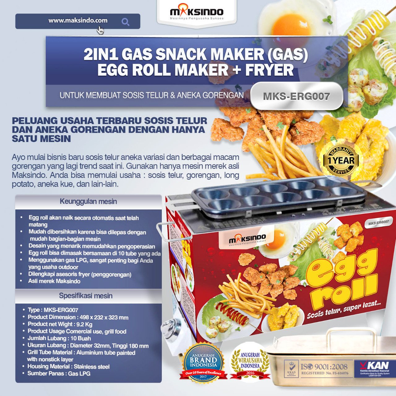 Jual Mesin Egg Roll Gas 2in1 Plus Fryer ERG007 di Tangerang
