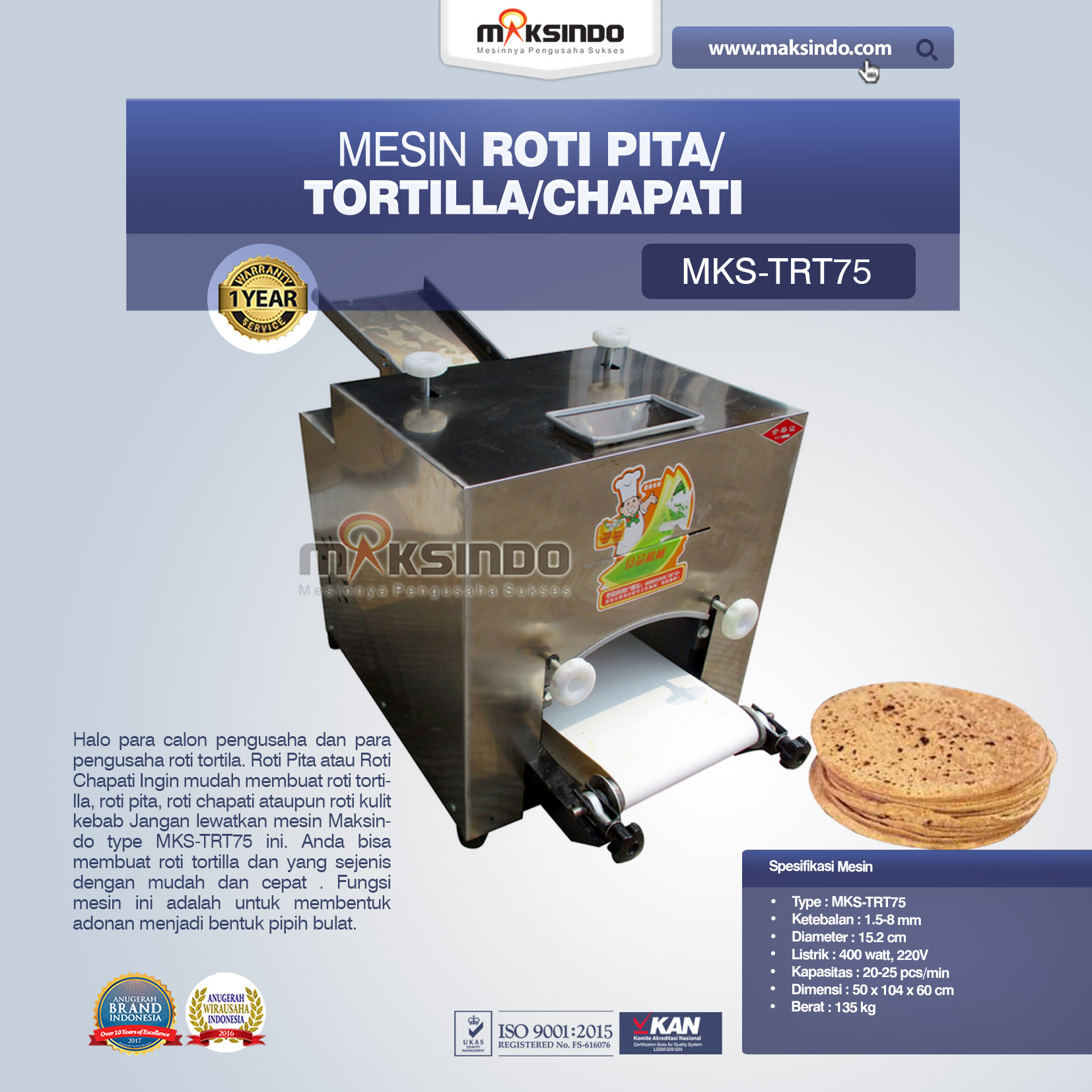 Jual Mesin Roti Pita/Tortilla/Chapati MKS-TRT75 di Tangerang