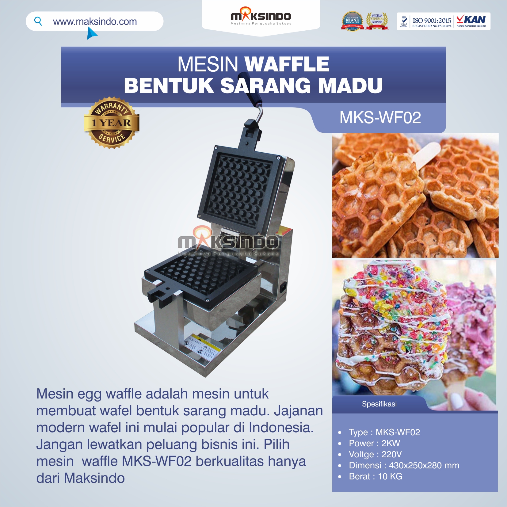 Jual Mesin Waffle Bentuk Sarang Madu MKS-WF02 di Tangerang