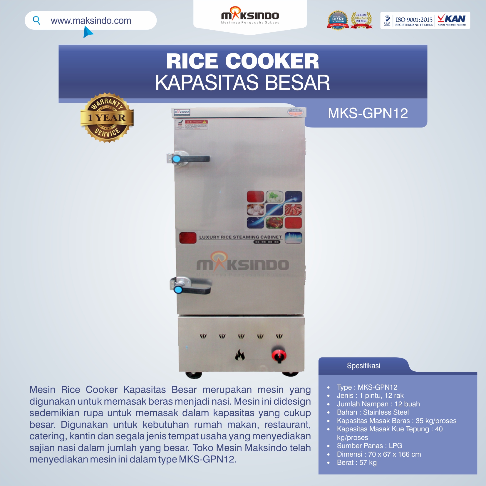 Jual Mesin Rice Cooker Kapasitas Besar MKS-GPN12 di Tangerang
