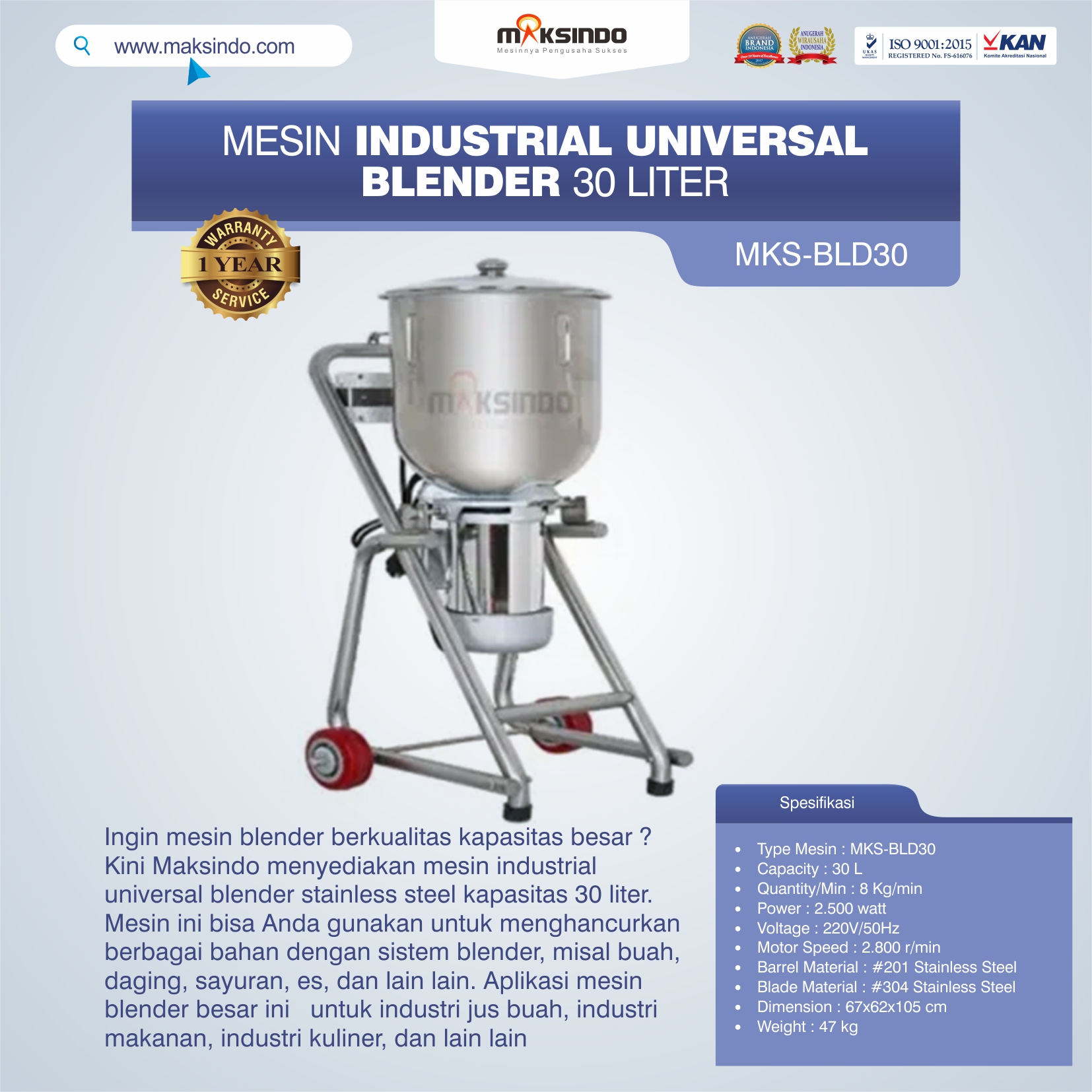 Jual Industrial Universal Blender 30 Liter MKS-BLD30 di Tangerang