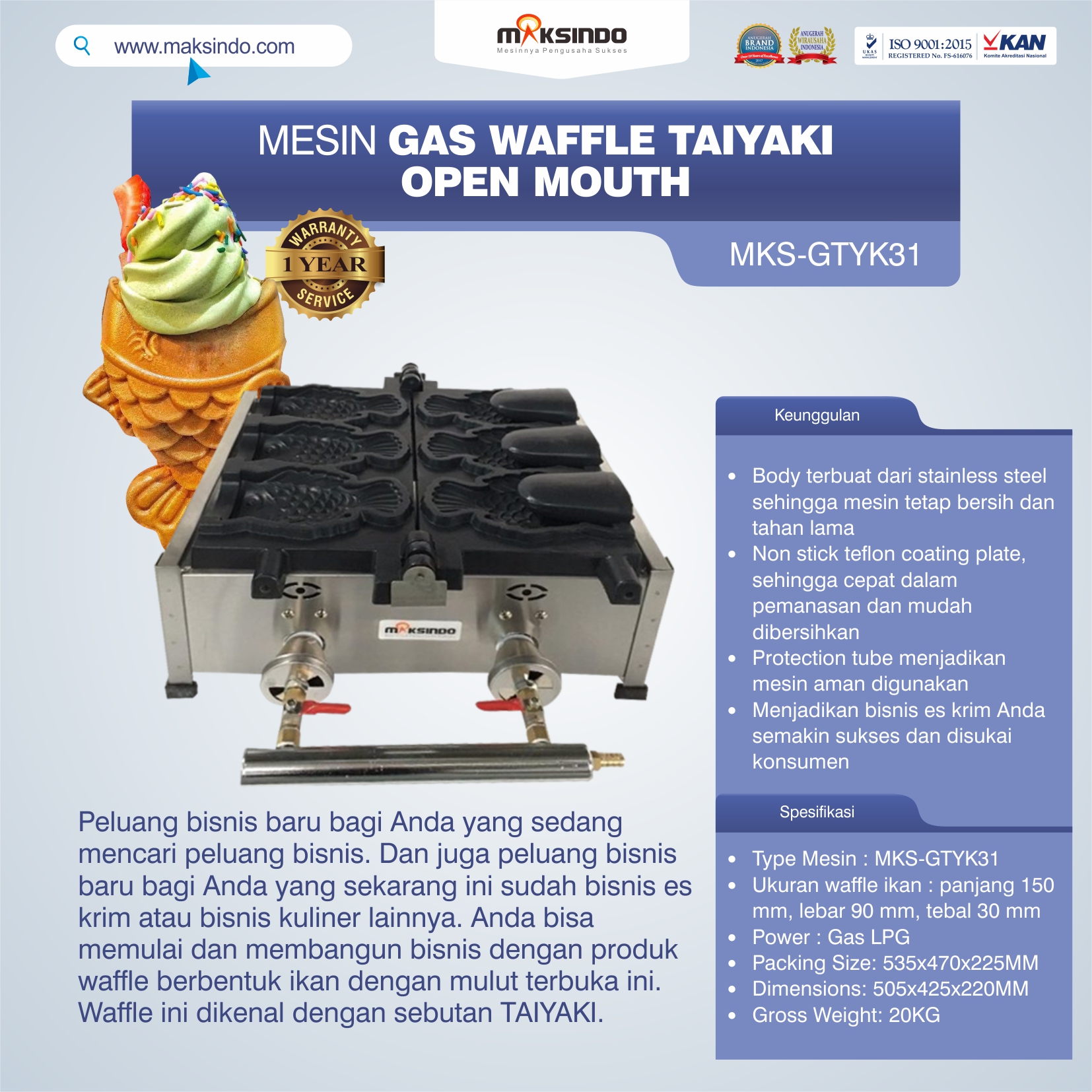 Jual Mesin Gas Waffle Taiyaki Open Mouth (GTYK31) di Tangerang