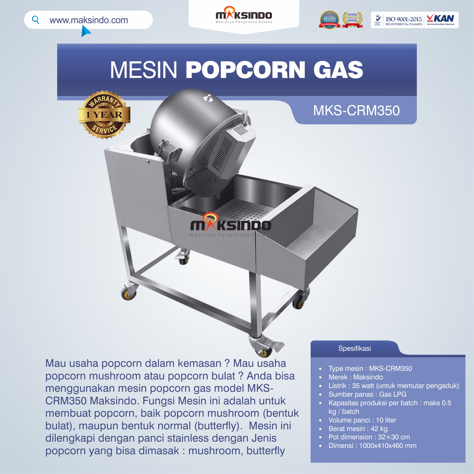 Jual Mesin Popcorn Gas Model MKS-CRM350 di Tangerang