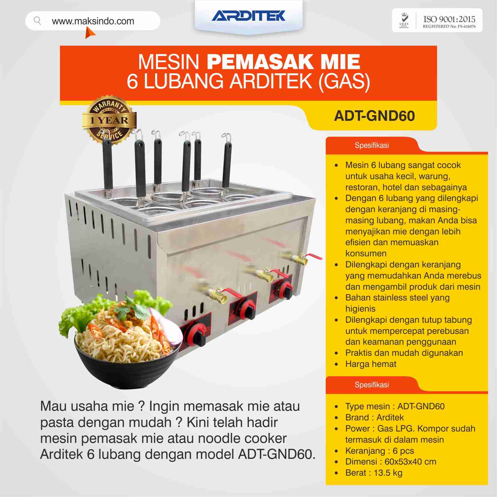 Mesin Pemasak Mie 6 Lubang Arditek (gas) ADT-GND60