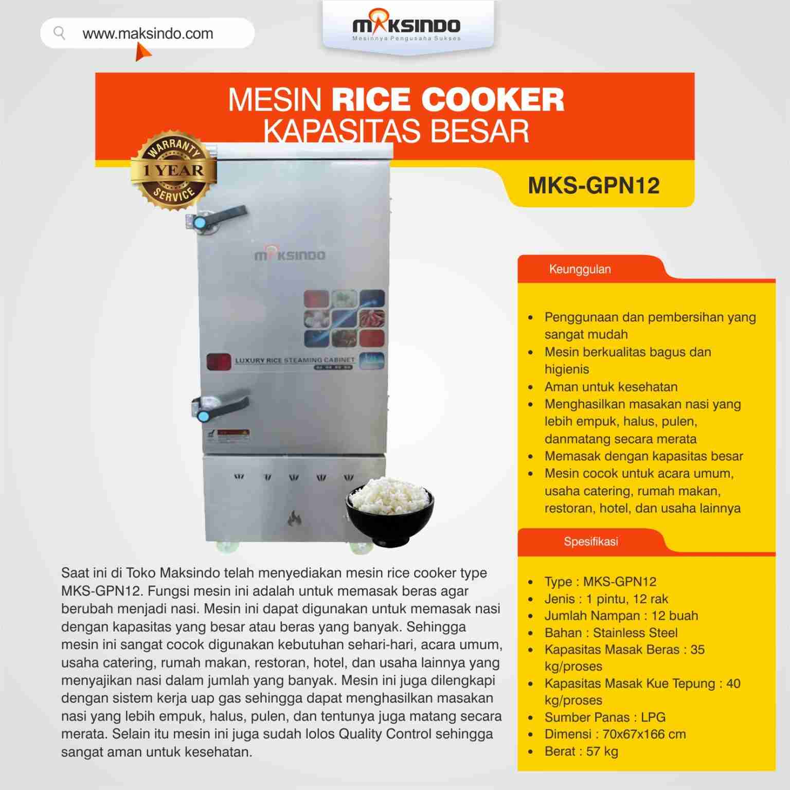 Mesin Rice Cooker Kapasitas Besar MKS-GPN12